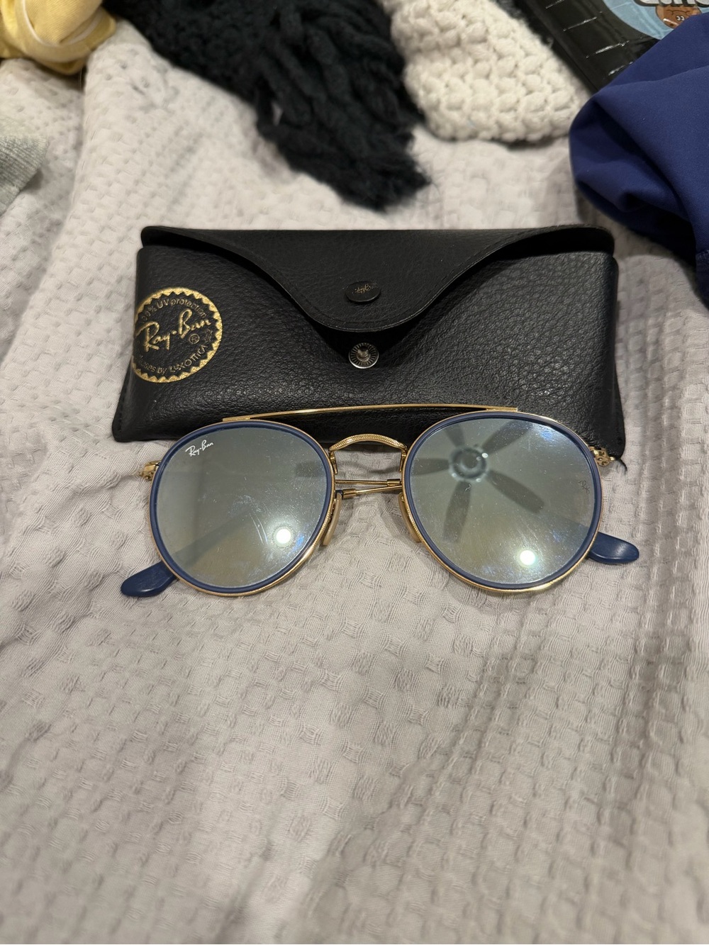 Ray-Ban Gold Frame Sunglasses with Blue Rims and Temple Tips